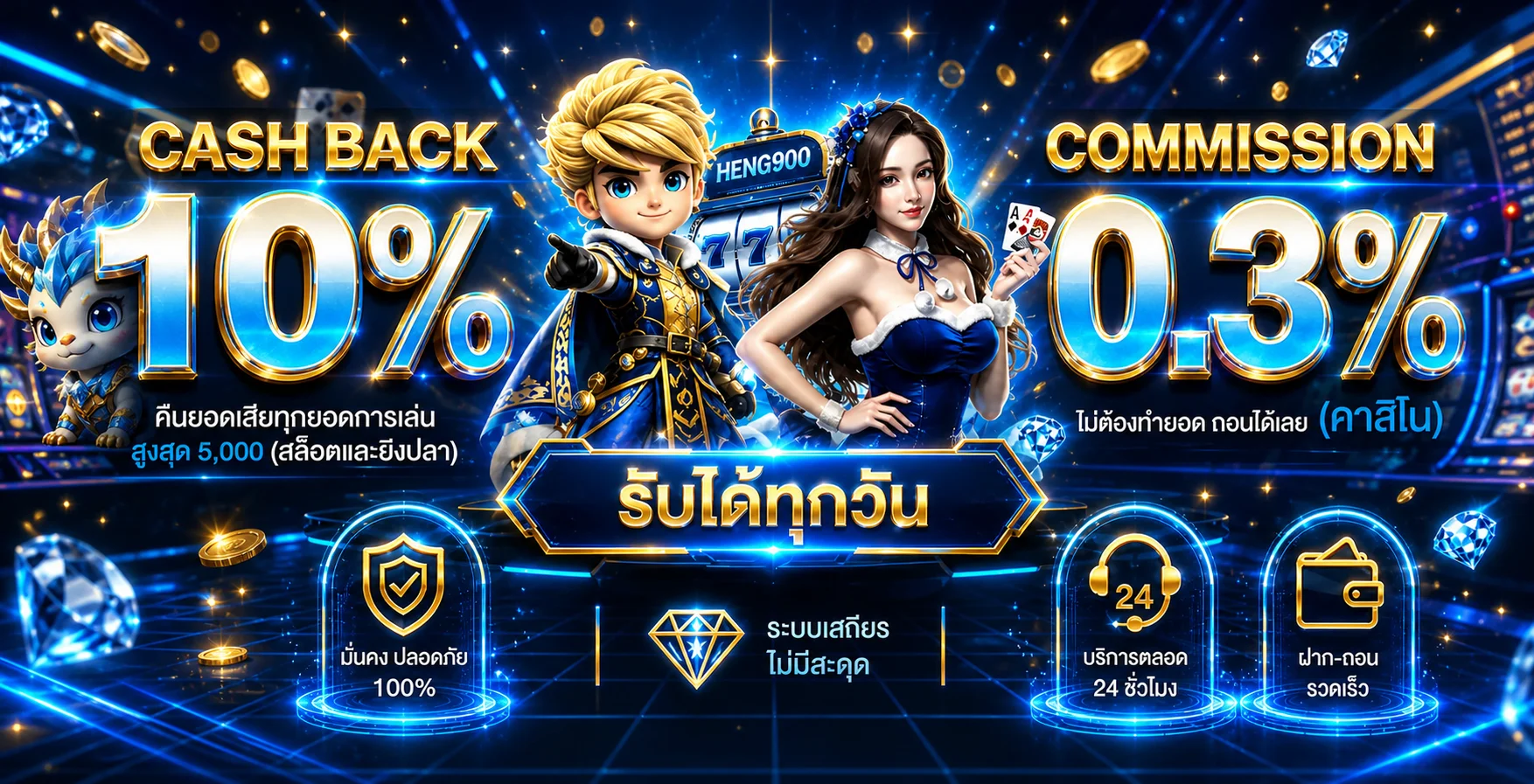 แคชแบ็ก HENG900 และระบบคอมมิชชันในบรรยากาศคาสิโนสีน้ำเงิน